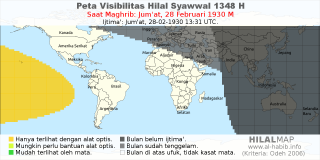 HilalMap: Peta Visibilitas Hilal Syawwal 1348 H: rukyat tanggal 1930-2-28 M