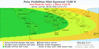 HilalMap: Peta Visibilitas Hilal Syawwal 1348 H: rukyat tanggal 1930-3-1 M