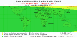 HilalMap: Peta Visibilitas Hilal Rabiul-Akhir 1349 H: rukyat tanggal 1930-8-25 M