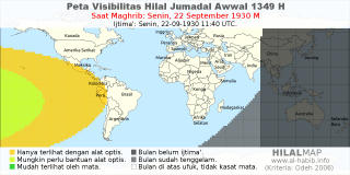 HilalMap: Peta Visibilitas Hilal Jumadal-Awwal 1349 H: rukyat tanggal 1930-9-22 M