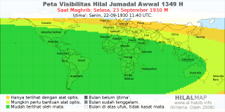 HilalMap: Peta Visibilitas Hilal Jumadal-Awwal 1349 H: rukyat tanggal 1930-9-23 M