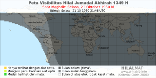 HilalMap: Peta Visibilitas Hilal Jumadal-Akhirah 1349 H: rukyat tanggal 1930-10-21 M
