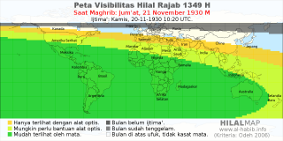 HilalMap: Peta Visibilitas Hilal Rajab 1349 H: rukyat tanggal 1930-11-21 M