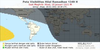 HilalMap: Peta Visibilitas Hilal Ramadhan 1349 H: rukyat tanggal 1931-1-18 M