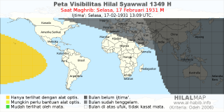 HilalMap: Peta Visibilitas Hilal Syawwal 1349 H: rukyat tanggal 1931-2-17 M