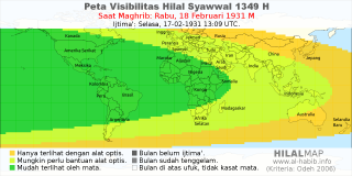 HilalMap: Peta Visibilitas Hilal Syawwal 1349 H: rukyat tanggal 1931-2-18 M