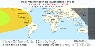 HilalMap: Peta Visibilitas Hilal Dzulqaidah 1349 H: rukyat tanggal 1931-3-19 M