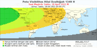 HilalMap: Peta Visibilitas Hilal Dzulhijjah 1349 H: rukyat tanggal 1931-4-18 M