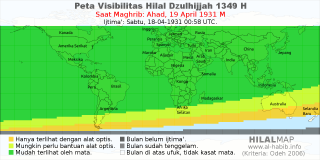 HilalMap: Peta Visibilitas Hilal Dzulhijjah 1349 H: rukyat tanggal 1931-4-19 M