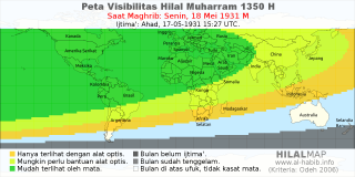 HilalMap: Peta Visibilitas Hilal Muharram 1350 H: rukyat tanggal 1931-5-18 M