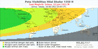 HilalMap: Peta Visibilitas Hilal Shafar 1350 H: rukyat tanggal 1931-6-16 M