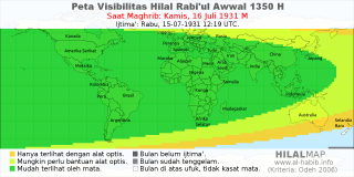 HilalMap: Peta Visibilitas Hilal Rabiul-Awwal 1350 H: rukyat tanggal 1931-7-16 M