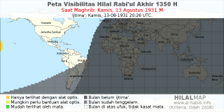 HilalMap: Peta Visibilitas Hilal Rabiul-Akhir 1350 H: rukyat tanggal 1931-8-13 M