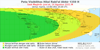 HilalMap: Peta Visibilitas Hilal Rabiul-Akhir 1350 H: rukyat tanggal 1931-8-14 M
