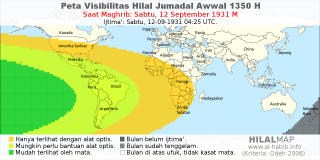 HilalMap: Peta Visibilitas Hilal Jumadal-Awwal 1350 H: rukyat tanggal 1931-9-12 M