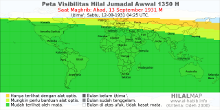 HilalMap: Peta Visibilitas Hilal Jumadal-Awwal 1350 H: rukyat tanggal 1931-9-13 M