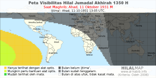 HilalMap: Peta Visibilitas Hilal Jumadal-Akhirah 1350 H: rukyat tanggal 1931-10-11 M