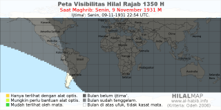 HilalMap: Peta Visibilitas Hilal Rajab 1350 H: rukyat tanggal 1931-11-9 M