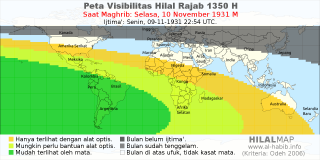 HilalMap: Peta Visibilitas Hilal Rajab 1350 H: rukyat tanggal 1931-11-10 M