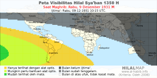 HilalMap: Peta Visibilitas Hilal Syaban 1350 H: rukyat tanggal 1931-12-9 M