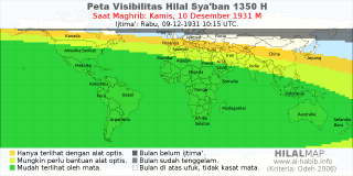 HilalMap: Peta Visibilitas Hilal Syaban 1350 H: rukyat tanggal 1931-12-10 M