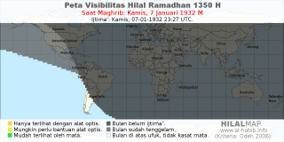 HilalMap: Peta Visibilitas Hilal Ramadhan 1350 H: rukyat tanggal 1932-1-7 M