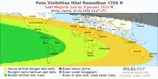 HilalMap: Peta Visibilitas Hilal Ramadhan 1350 H: rukyat tanggal 1932-1-8 M