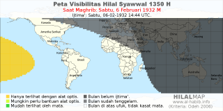 HilalMap: Peta Visibilitas Hilal Syawwal 1350 H: rukyat tanggal 1932-2-6 M