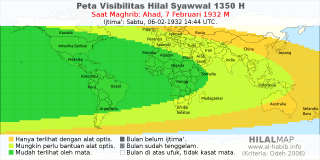 HilalMap: Peta Visibilitas Hilal Syawwal 1350 H: rukyat tanggal 1932-2-7 M