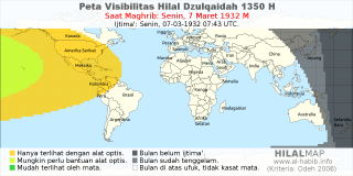 HilalMap: Peta Visibilitas Hilal Dzulqaidah 1350 H: rukyat tanggal 1932-3-7 M