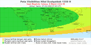 HilalMap: Peta Visibilitas Hilal Dzulqaidah 1350 H: rukyat tanggal 1932-3-8 M