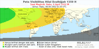 HilalMap: Peta Visibilitas Hilal Dzulhijjah 1350 H: rukyat tanggal 1932-4-6 M
