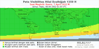 HilalMap: Peta Visibilitas Hilal Dzulhijjah 1350 H: rukyat tanggal 1932-4-7 M