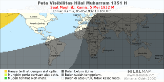 HilalMap: Peta Visibilitas Hilal Muharram 1351 H: rukyat tanggal 1932-5-5 M