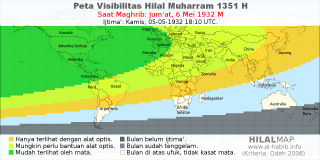 HilalMap: Peta Visibilitas Hilal Muharram 1351 H: rukyat tanggal 1932-5-6 M
