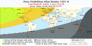 HilalMap: Peta Visibilitas Hilal Shafar 1351 H: rukyat tanggal 1932-6-4 M