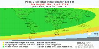 HilalMap: Peta Visibilitas Hilal Shafar 1351 H: rukyat tanggal 1932-6-5 M
