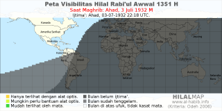HilalMap: Peta Visibilitas Hilal Rabiul-Awwal 1351 H: rukyat tanggal 1932-7-3 M