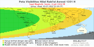 HilalMap: Peta Visibilitas Hilal Rabiul-Awwal 1351 H: rukyat tanggal 1932-7-4 M