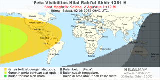 HilalMap: Peta Visibilitas Hilal Rabiul-Akhir 1351 H: rukyat tanggal 1932-8-2 M