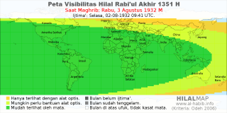HilalMap: Peta Visibilitas Hilal Rabiul-Akhir 1351 H: rukyat tanggal 1932-8-3 M