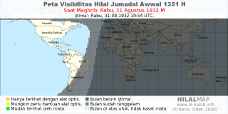 HilalMap: Peta Visibilitas Hilal Jumadal-Awwal 1351 H: rukyat tanggal 1932-8-31 M