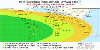 HilalMap: Peta Visibilitas Hilal Jumadal-Awwal 1351 H: rukyat tanggal 1932-9-1 M