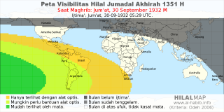 HilalMap: Peta Visibilitas Hilal Jumadal-Akhirah 1351 H: rukyat tanggal 1932-9-30 M