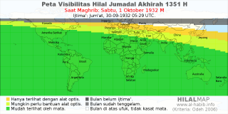 HilalMap: Peta Visibilitas Hilal Jumadal-Akhirah 1351 H: rukyat tanggal 1932-10-1 M