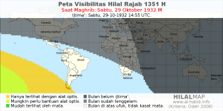 HilalMap: Peta Visibilitas Hilal Rajab 1351 H: rukyat tanggal 1932-10-29 M