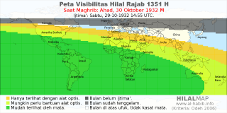 HilalMap: Peta Visibilitas Hilal Rajab 1351 H: rukyat tanggal 1932-10-30 M