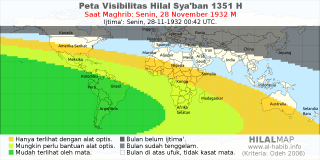 HilalMap: Peta Visibilitas Hilal Syaban 1351 H: rukyat tanggal 1932-11-28 M
