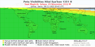 HilalMap: Peta Visibilitas Hilal Syaban 1351 H: rukyat tanggal 1932-11-29 M