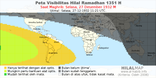 HilalMap: Peta Visibilitas Hilal Ramadhan 1351 H: rukyat tanggal 1932-12-27 M